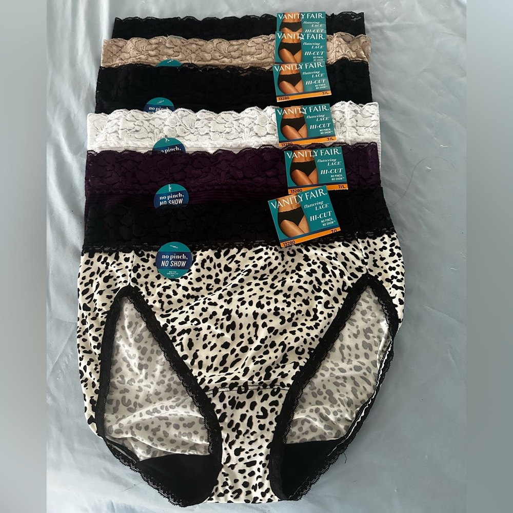 Vanity Fair Set of Six (6) Flattering Lace Hi-Cut Panties - New With Tags